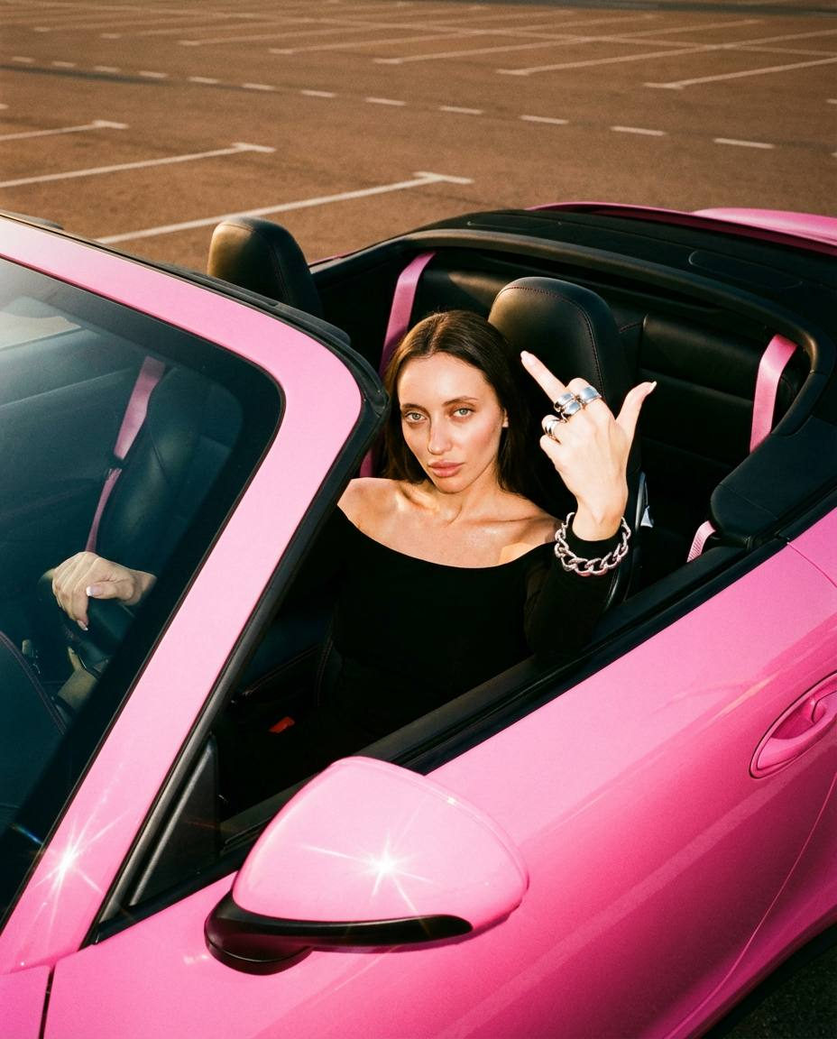 A driver in a pink convertible with the top down, showcasing a dark interior and vibrant jewelry against a city parking backdrop.
