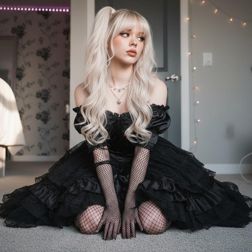 A dreamy woman kneeling on a carpet, dressed in a gothic-Lolita outfit, exuding a soft and playful expression.