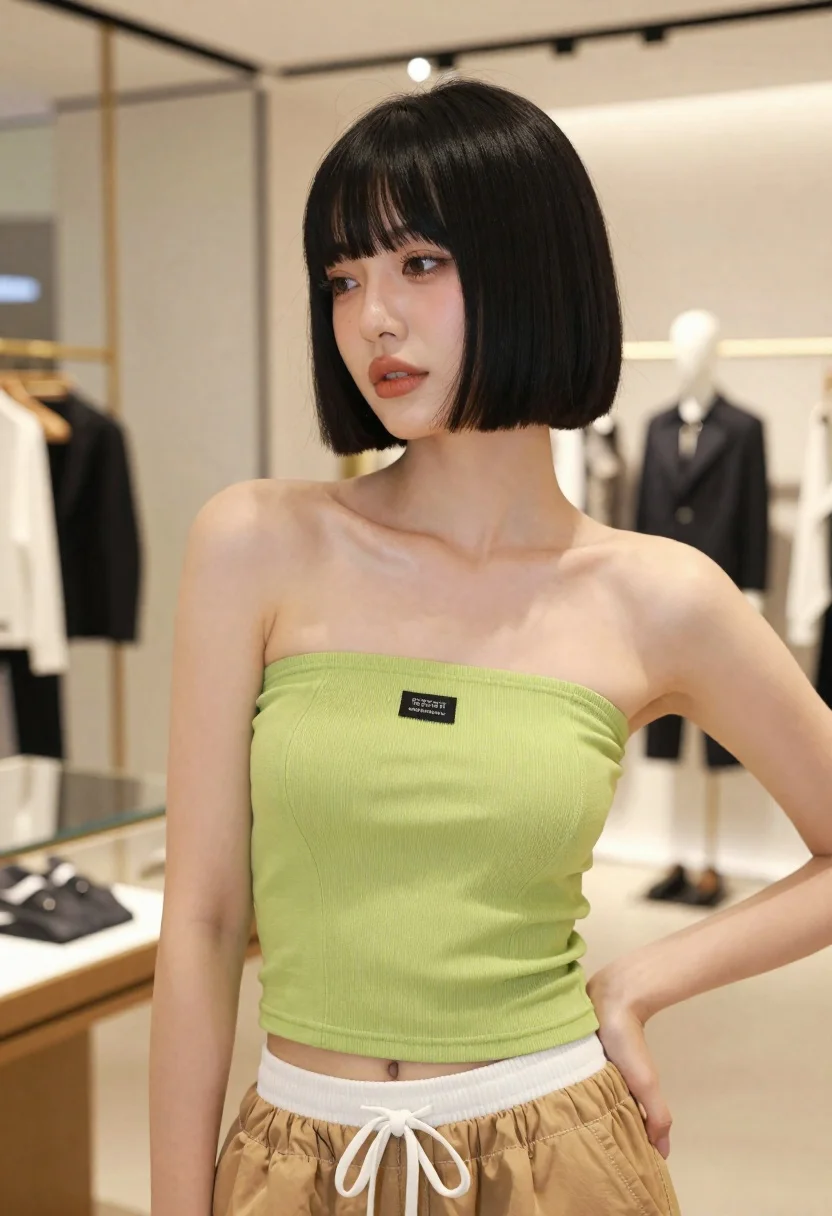 Young Woman With Short Black Bob Haircut And Bangs Poses reference photo
