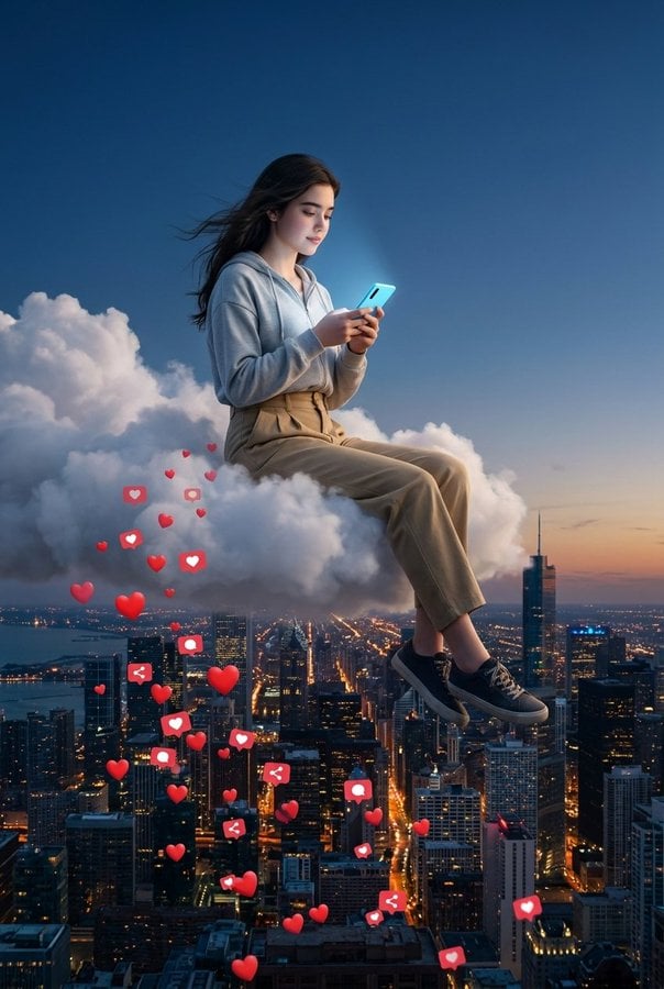 Cloud Above Cityscape With Glowing Phone
