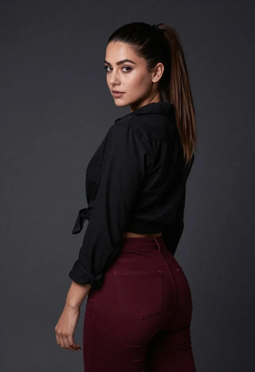 Studio Portrait Young Woman With Dark Brown Hair Tied High