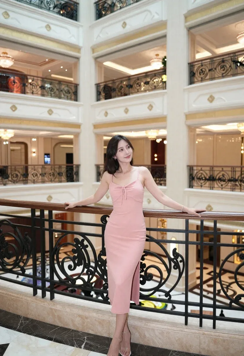 Woman Pink Dress Stands Ornate Balcony Overlooking Grand Hotel Lobby