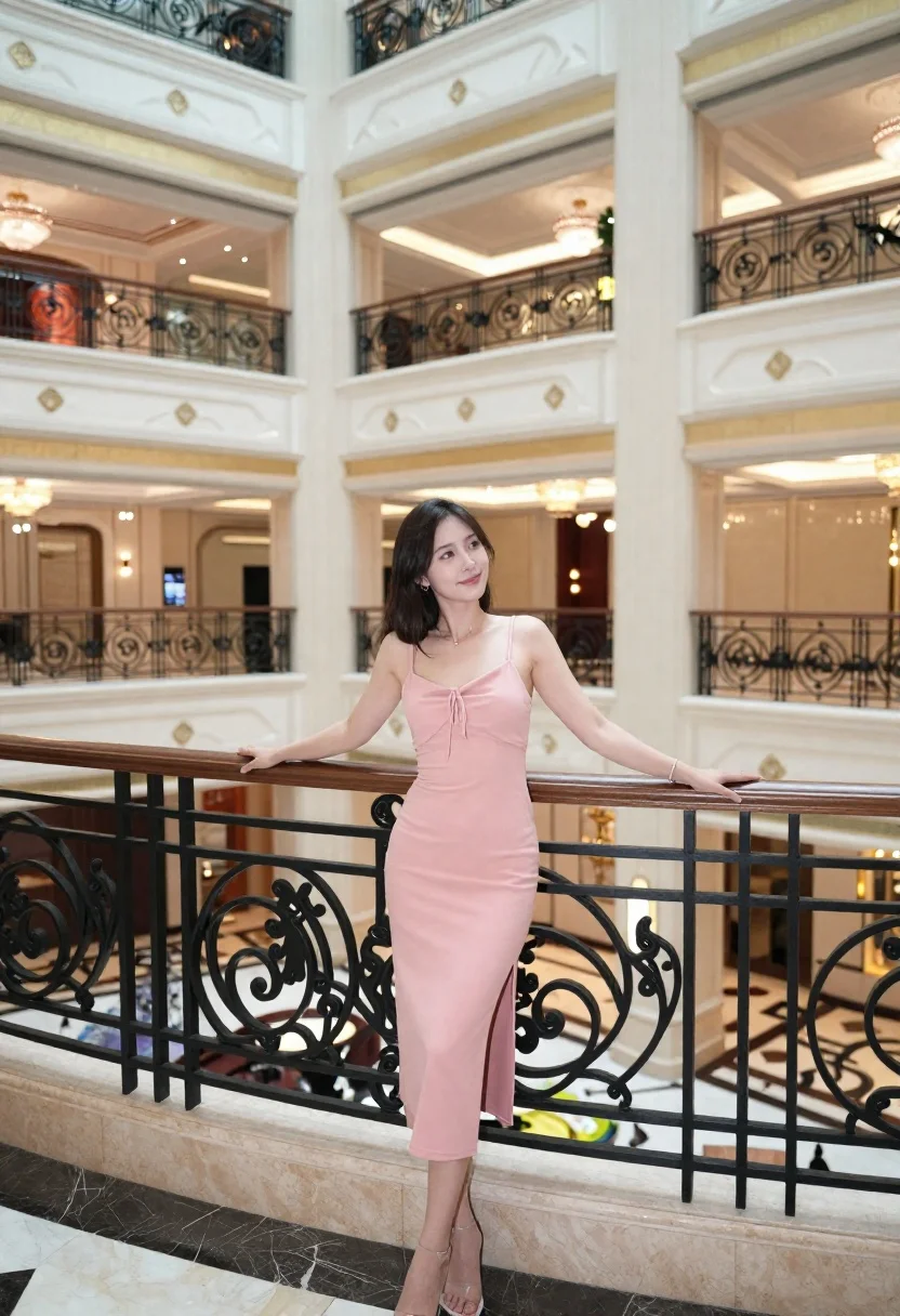Woman Pink Dress Stands Ornate Balcony Overlooking Grand Hotel Lobby reference photo