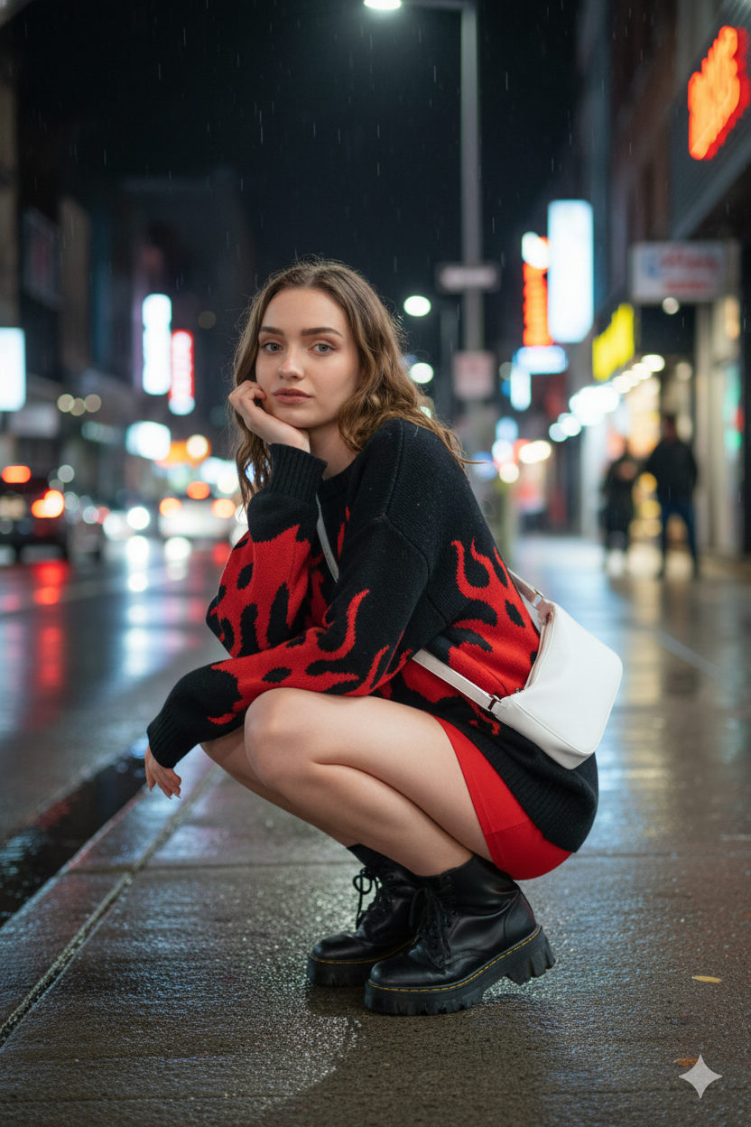 A female model squatting on the pavement, wearing a long black sweater with a fiery red print and a short red skirt, against a neon city backdrop.