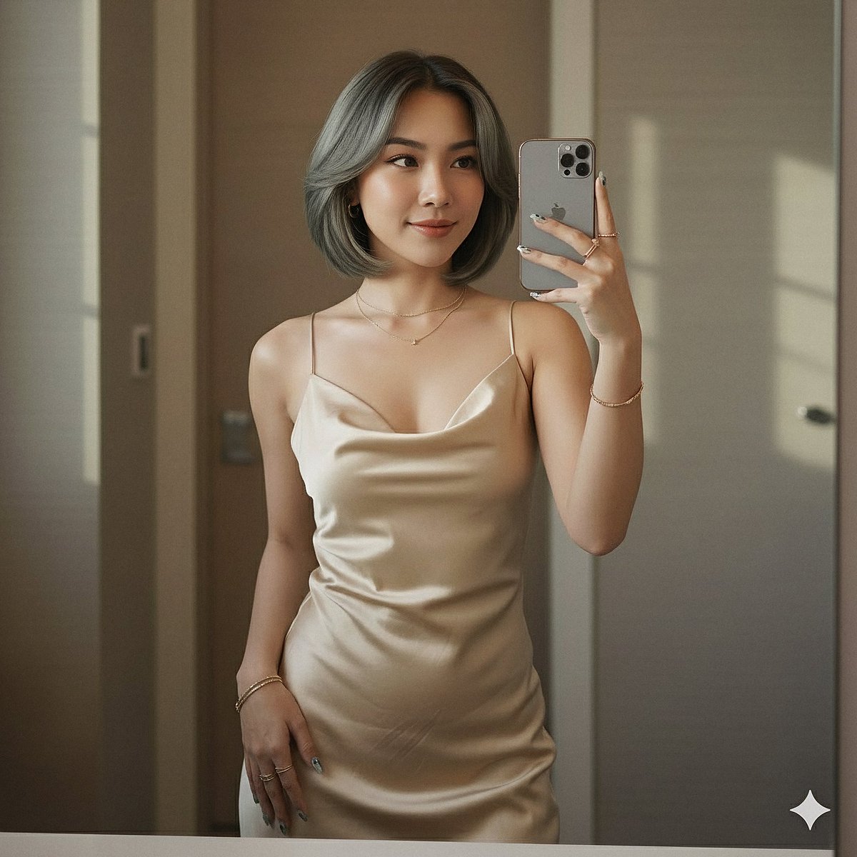 A young Thai woman taking a stylish selfie in a modern bathroom, featuring a satin dress and elegant makeup.