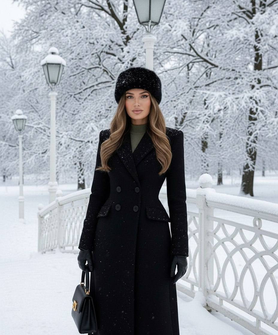 A winter editorial portrait of a person in a long coat by a decorative bridge, wearing a fluffy fur hat and holding a structured bag.
