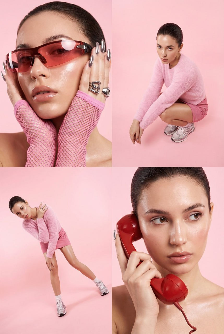 Close-up portrait of a model with fluffy pink sweater, futuristic sunglasses, and pink mesh gloves on a pastel pink background.