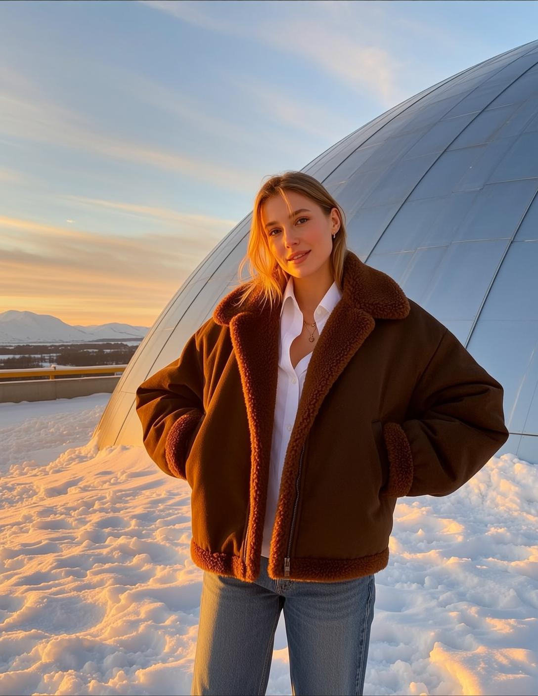 Explore Stands Facing Her Hands Pockets Jacket