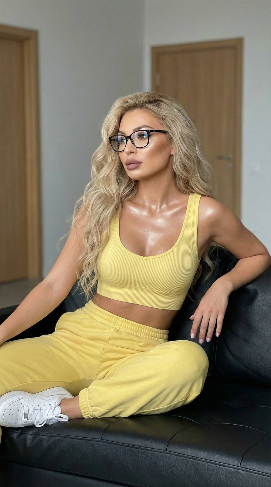 A woman with shiny hair in a yellow tracksuit lounging on a black leather sofa, one arm resting on the back, relaxed and confident.