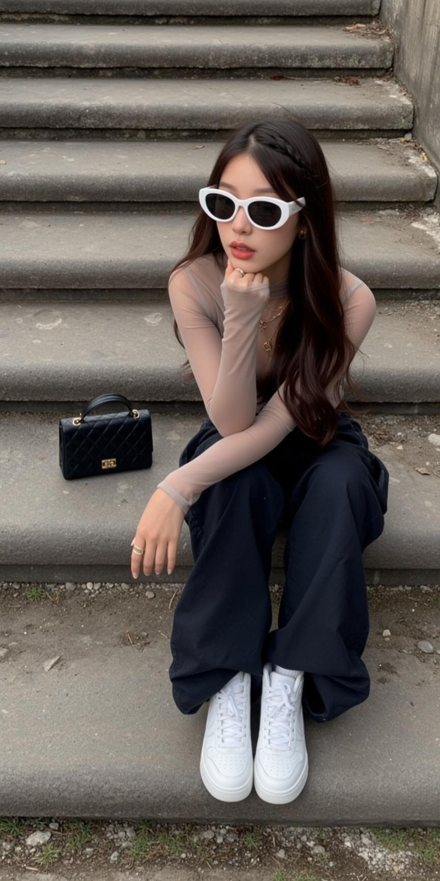 Sitting On Stone Stairs With Gold Necklace