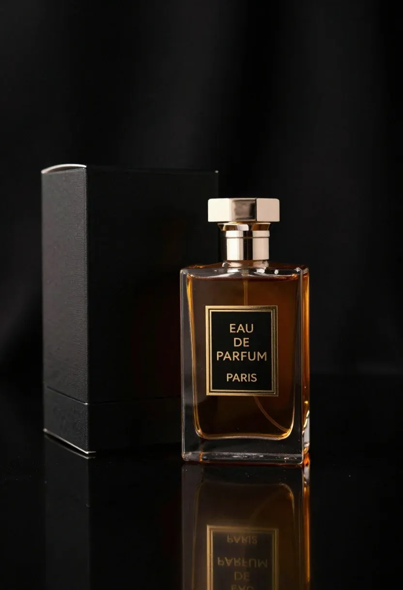 Luxurious Perfume Bottle With Amber Liquid Sits Beside Its Black
