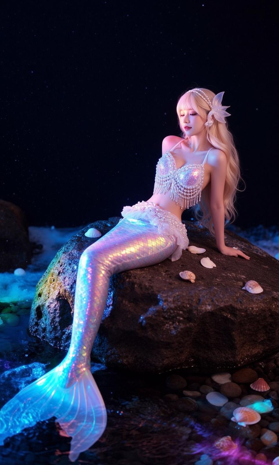 Mermaid Tail Rocky Shore Night
