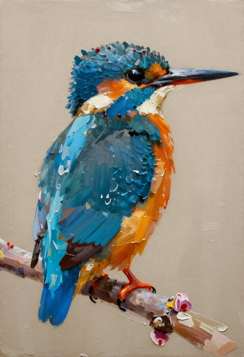 Oil Painting Stylized Kingfisher Perched Flowering Branch Subject Vibrant Blue reference photo