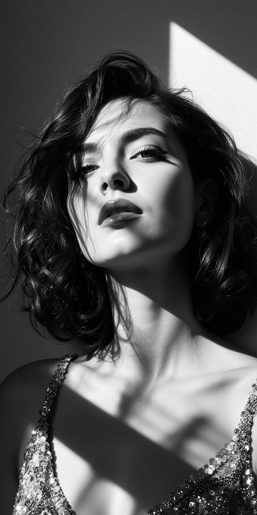 Vertical Close-up Black And White Photorealistic Portrait Young Woman With