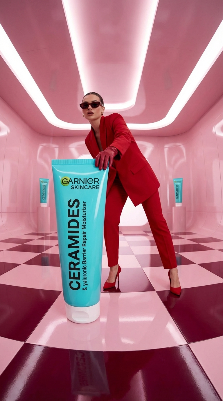 Red Suit Model Futuristic Pink Room Skincare Ad