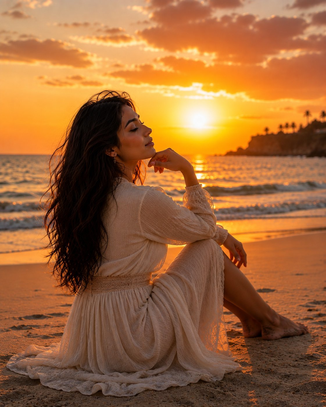 Boho Dress On Sandy Beach Sunset