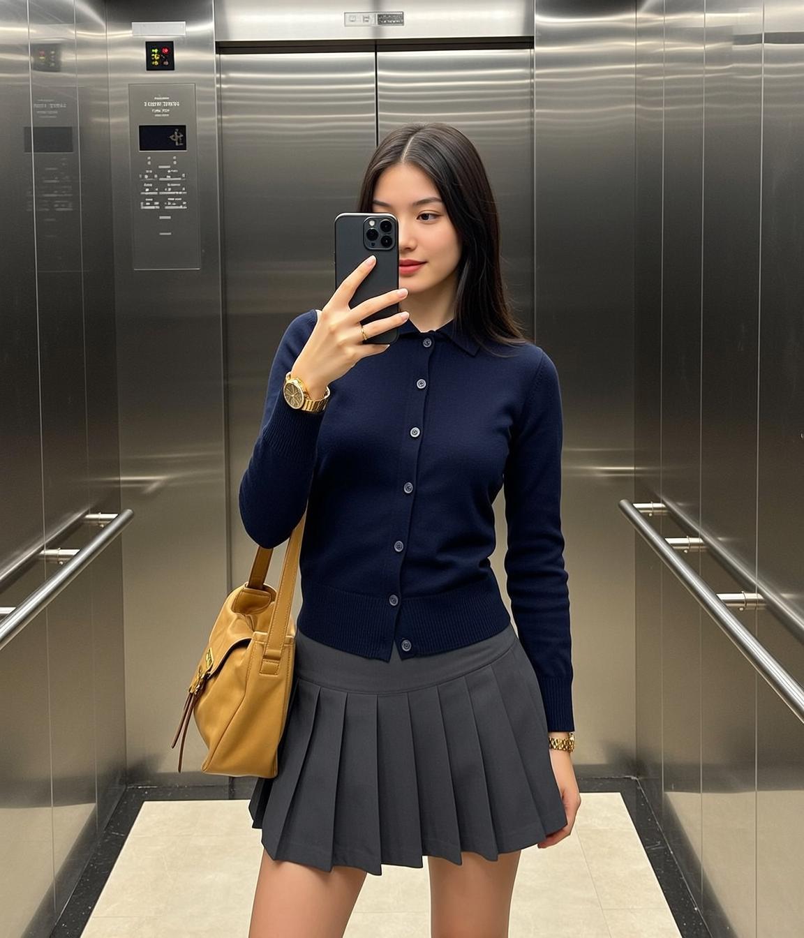 Navy Cardigan Pleated Skirt Selfie