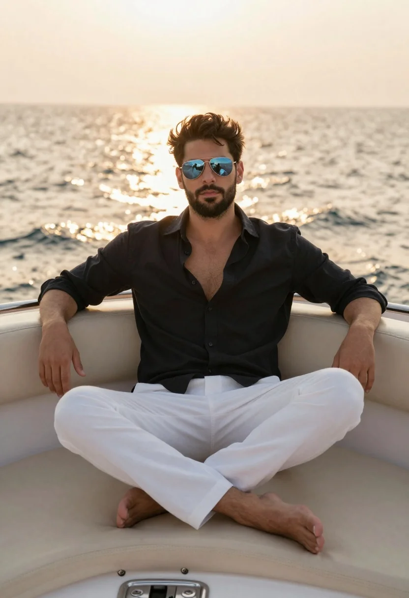 Photorealistic Portrait Man Relaxing The Aft Deck Yacht Sunset Subject reference photo