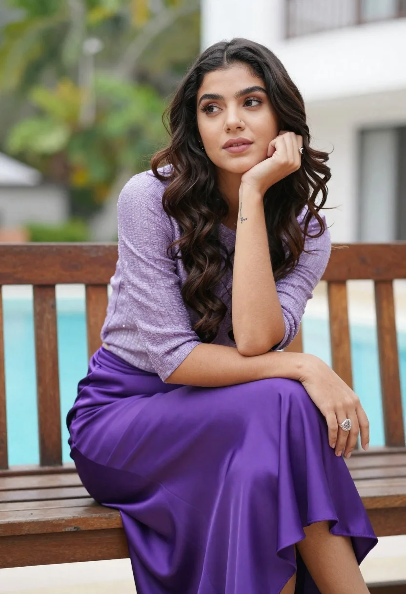 Woman With Long Wavy Dark Hair Sits Gracefully Wooden Bench reference photo