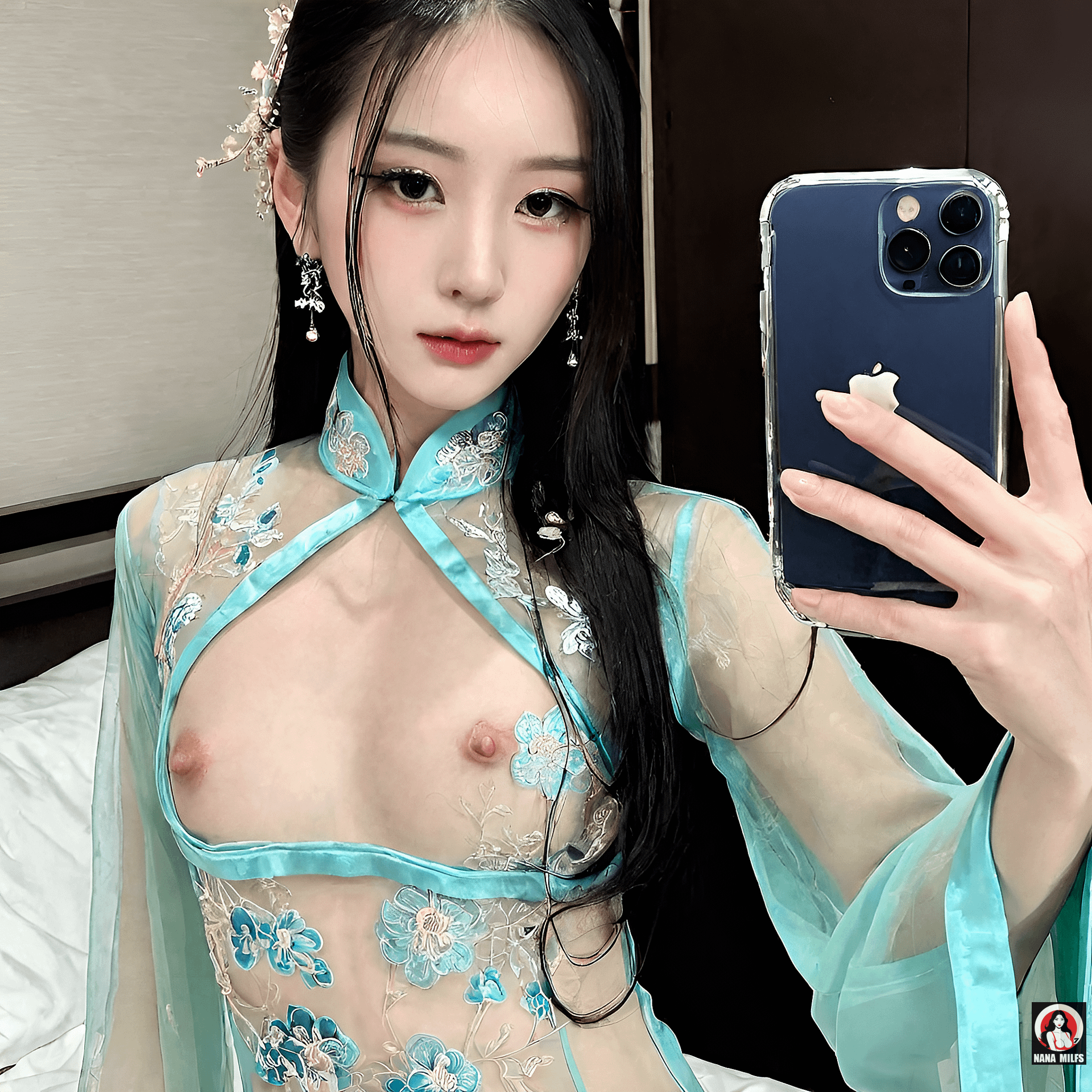 Mirror Selfie Floral Hair Ornaments Blue Garment