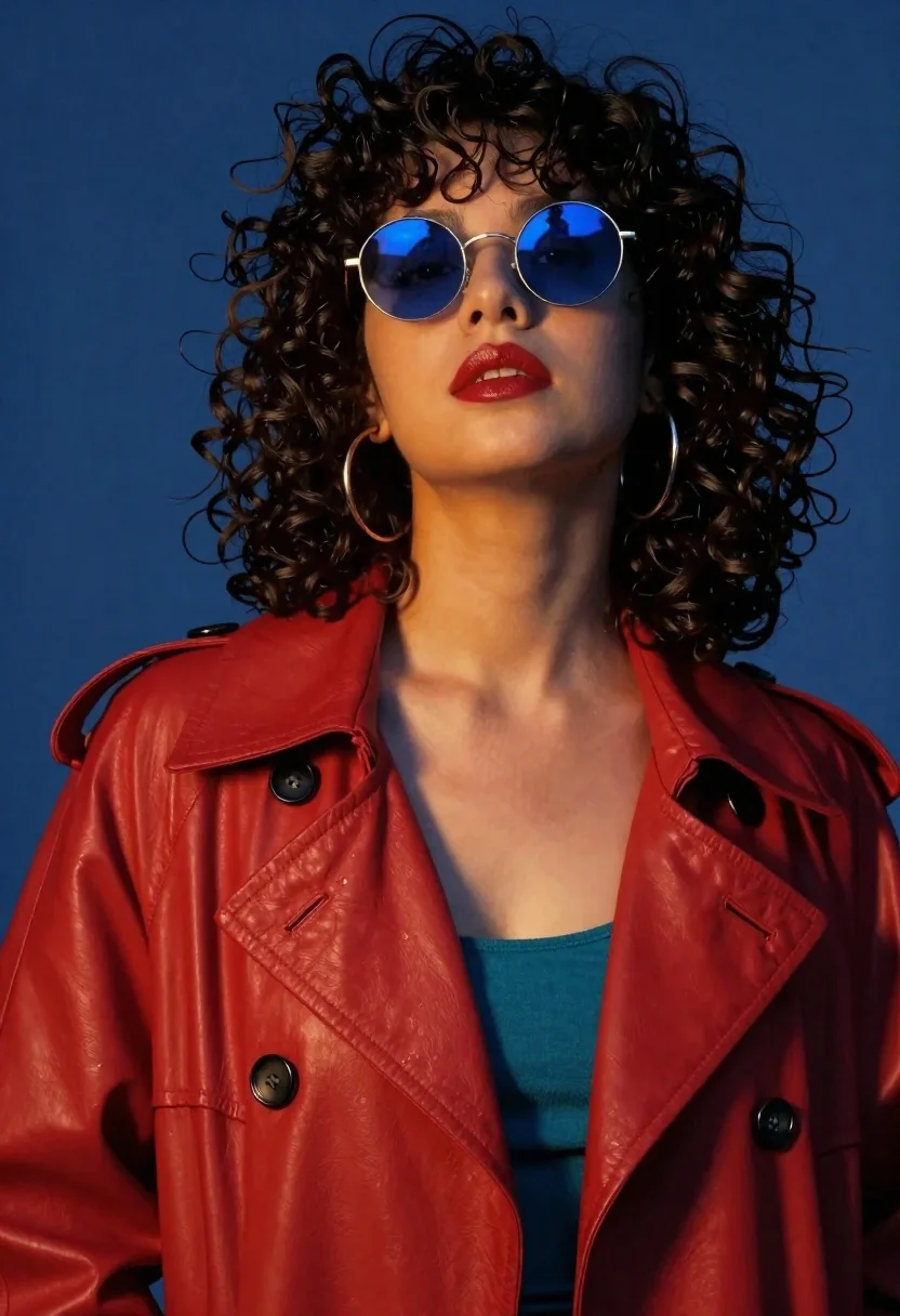 Cinematic Portrait Woman With Voluminous Dark Curly Hair Looking Upward reference photo