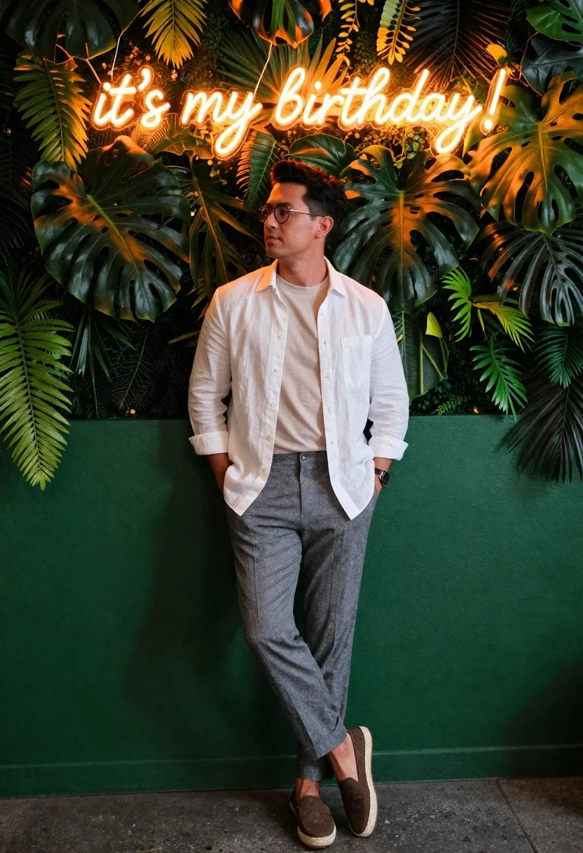 Medium Shot Stylish Man Standing Casually Against Lush Tropical Green reference photo
