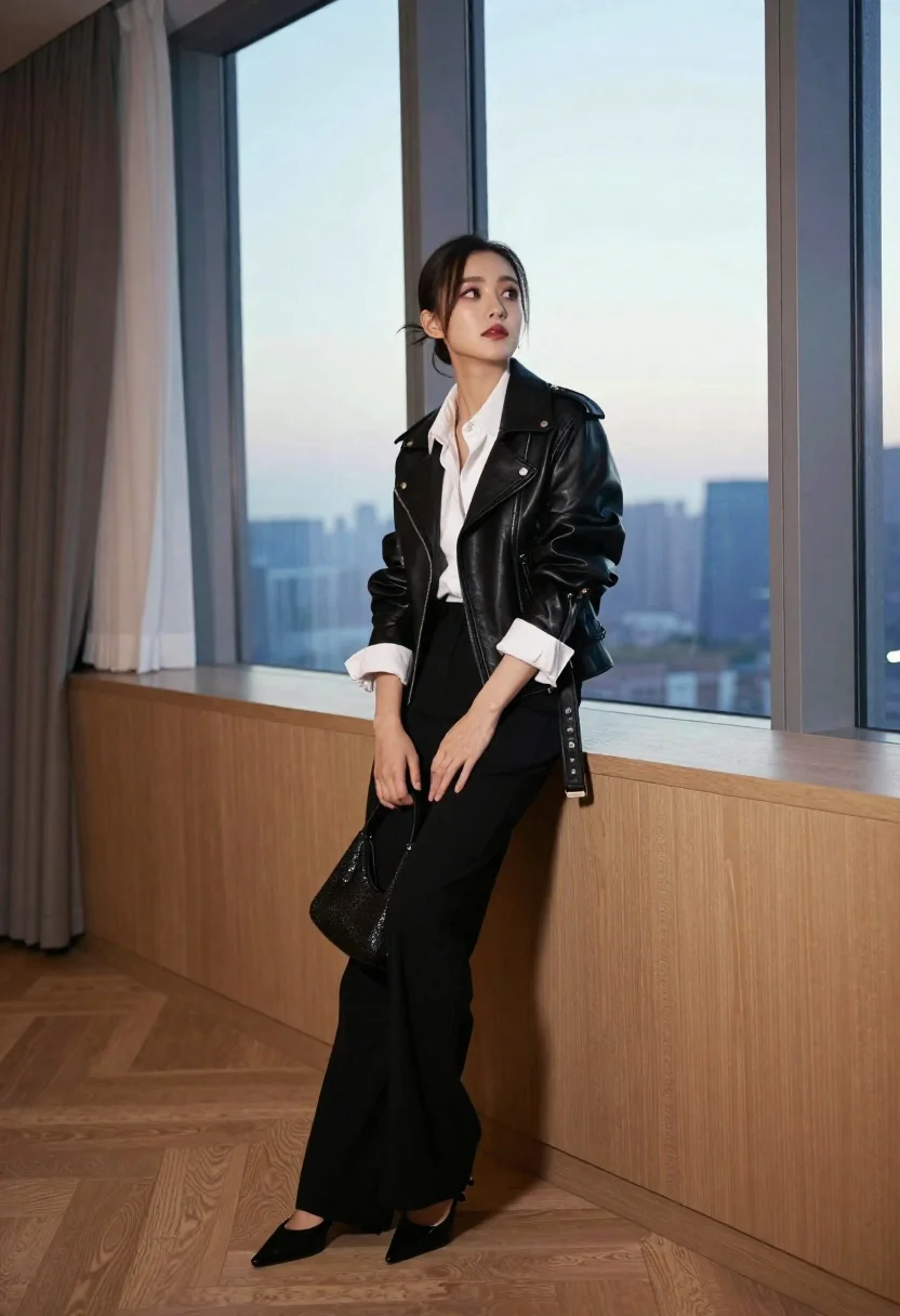 Stylish Woman Leans Casually Against Wooden Counter Modern Room With reference photo