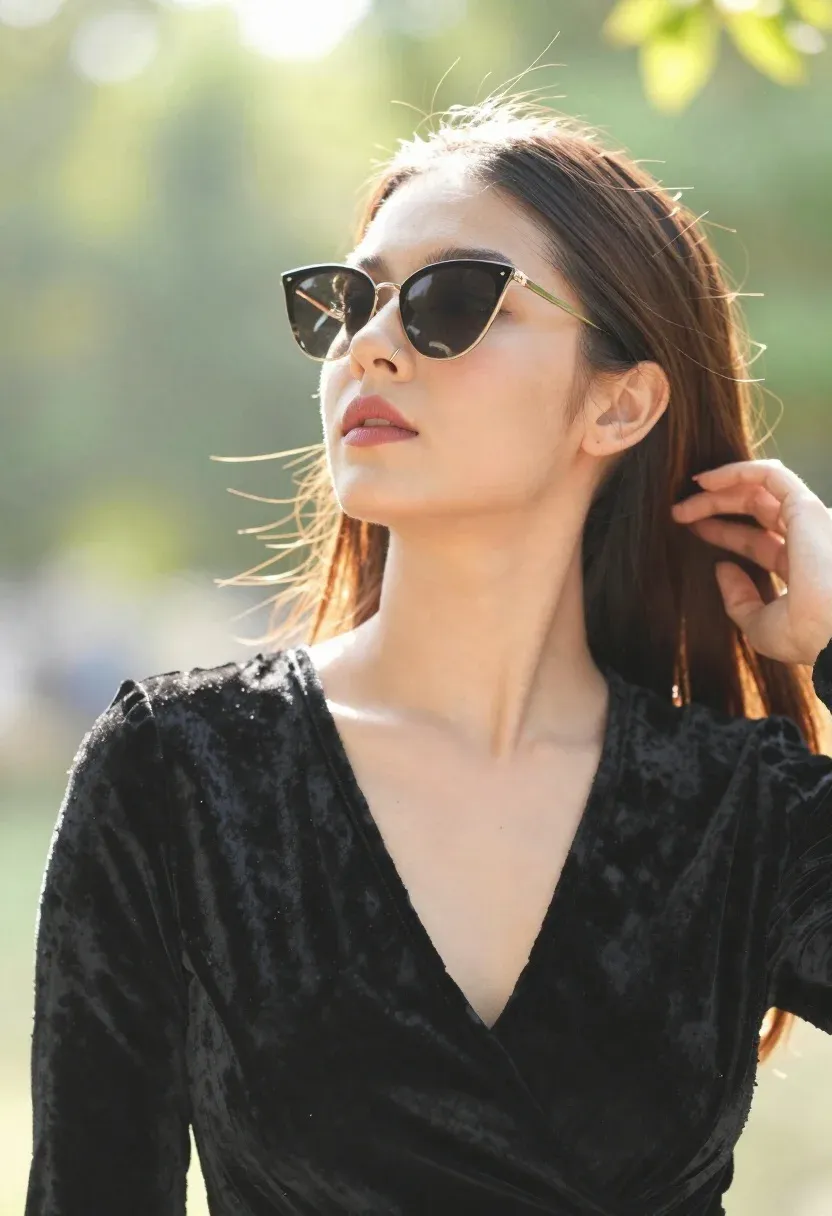 Confident Woman With Long Dark Hair And Stylish Sunglasses Looks