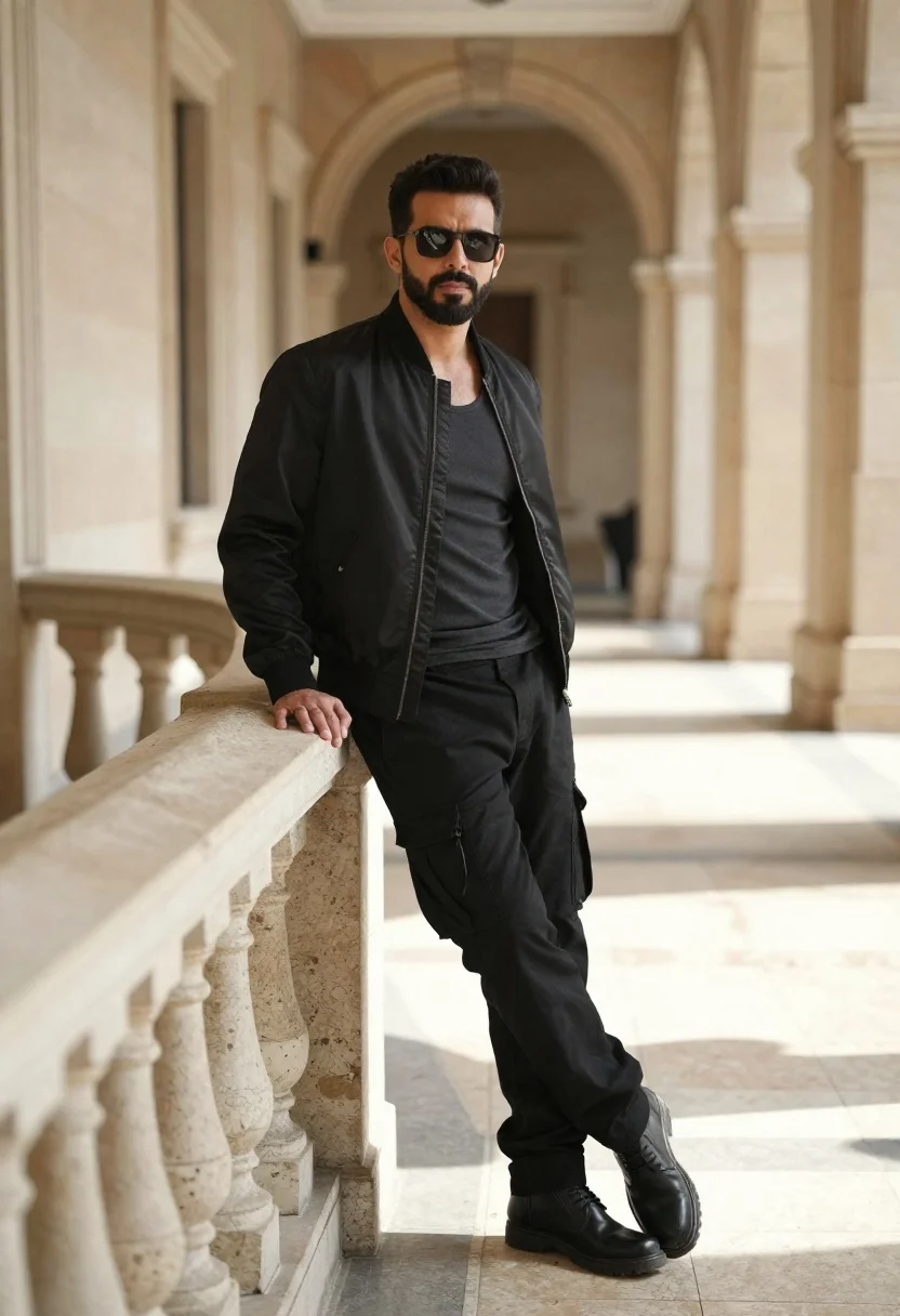 Confident Man With Dark Hair And Beard Leans Casually Against