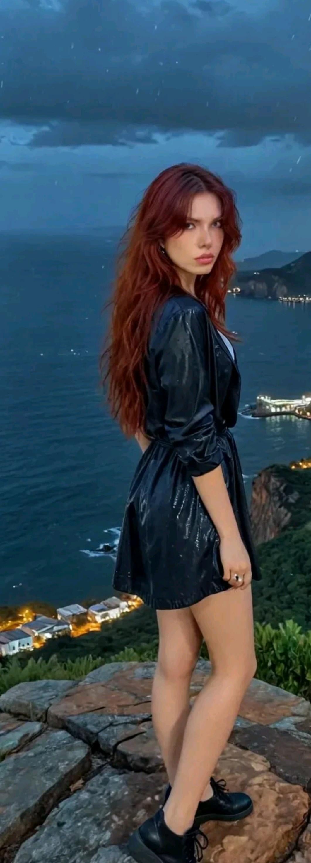 Rugged Cliff Edge Twilight Bay Black Vinyl Dress