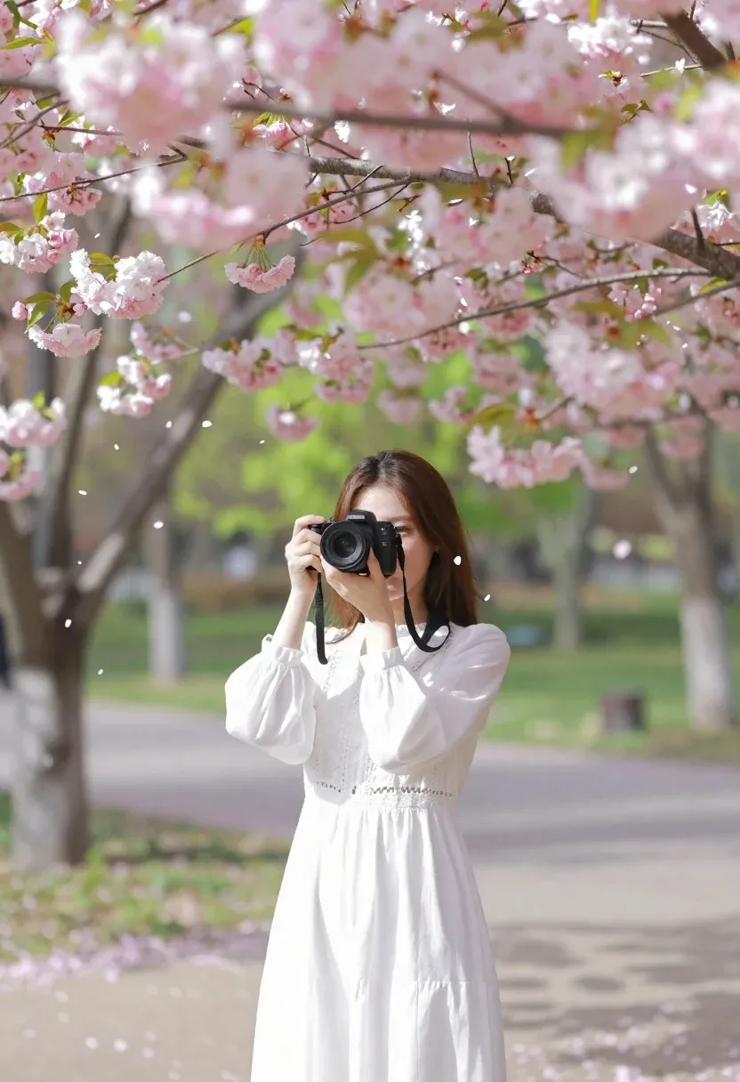 Young Woman Stands Sunlit Park Holding Black Camera Her Face