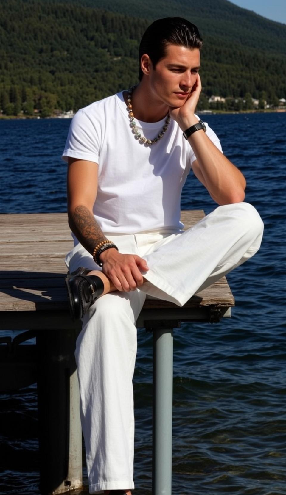 Young Black Slicked Back Tan White T-shirt