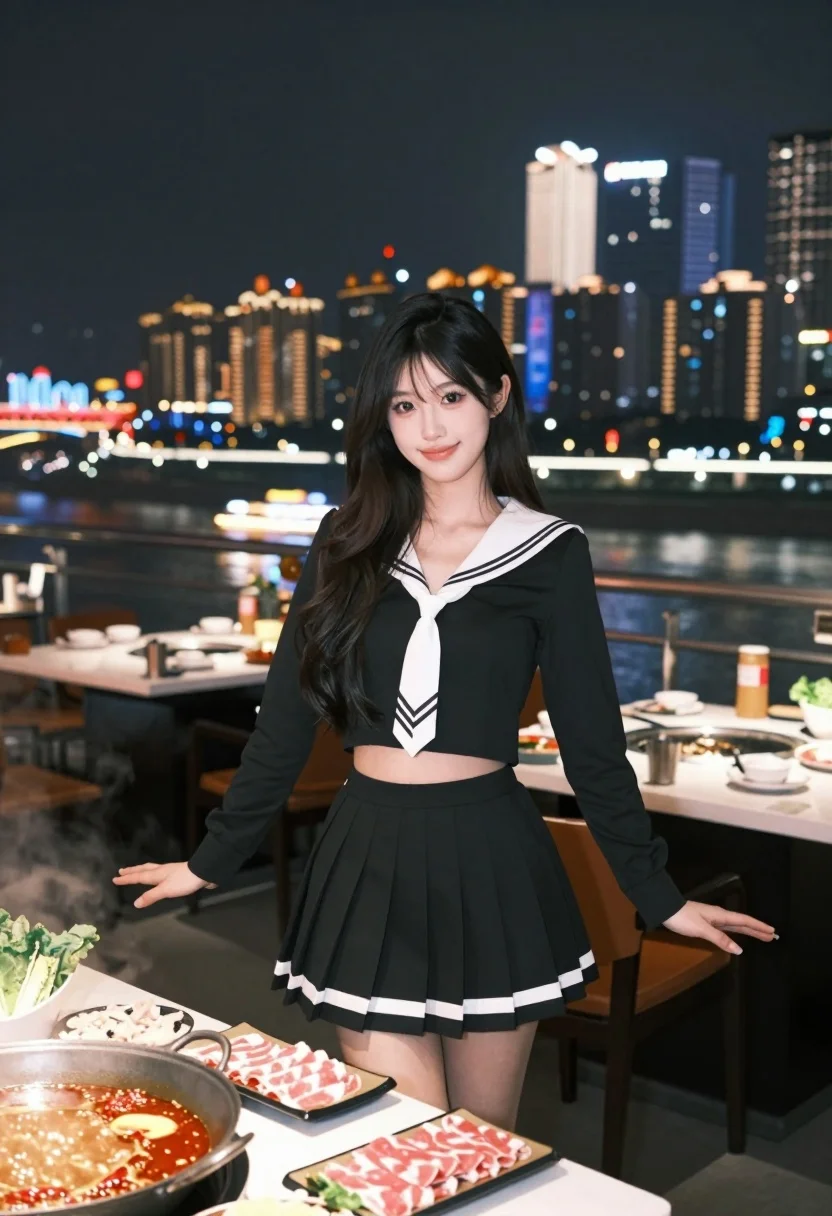 Young Woman With Long Dark Hair Stands The Foreground Outdoor