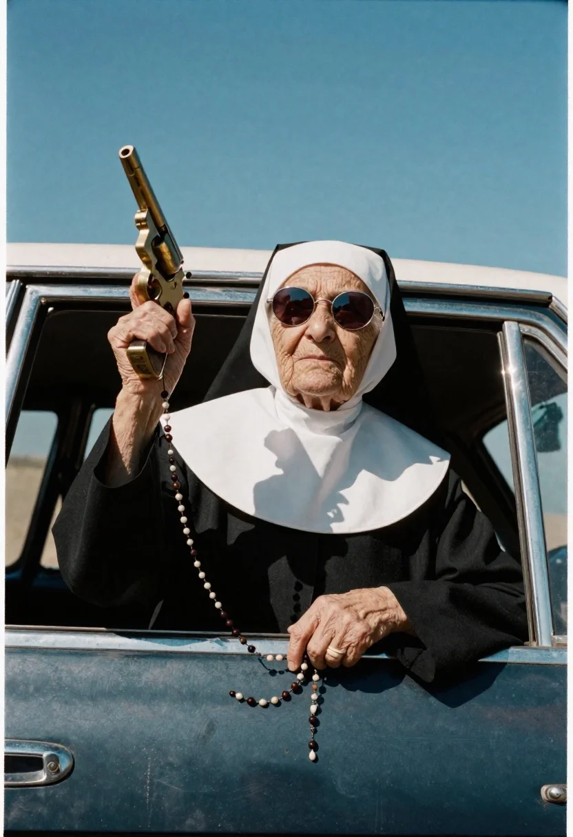 Medium Format Film Photograph Nun Leaning Out The Window Open-top reference photo