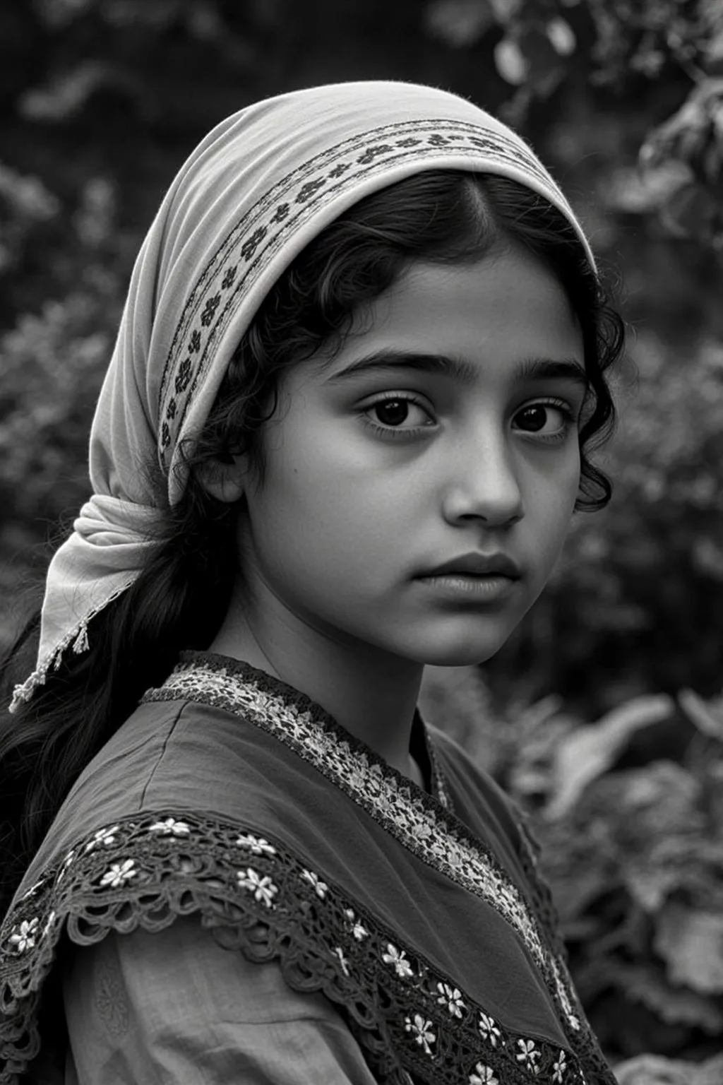 Black And White Medium Shot Portrait Young Girl With Dark
