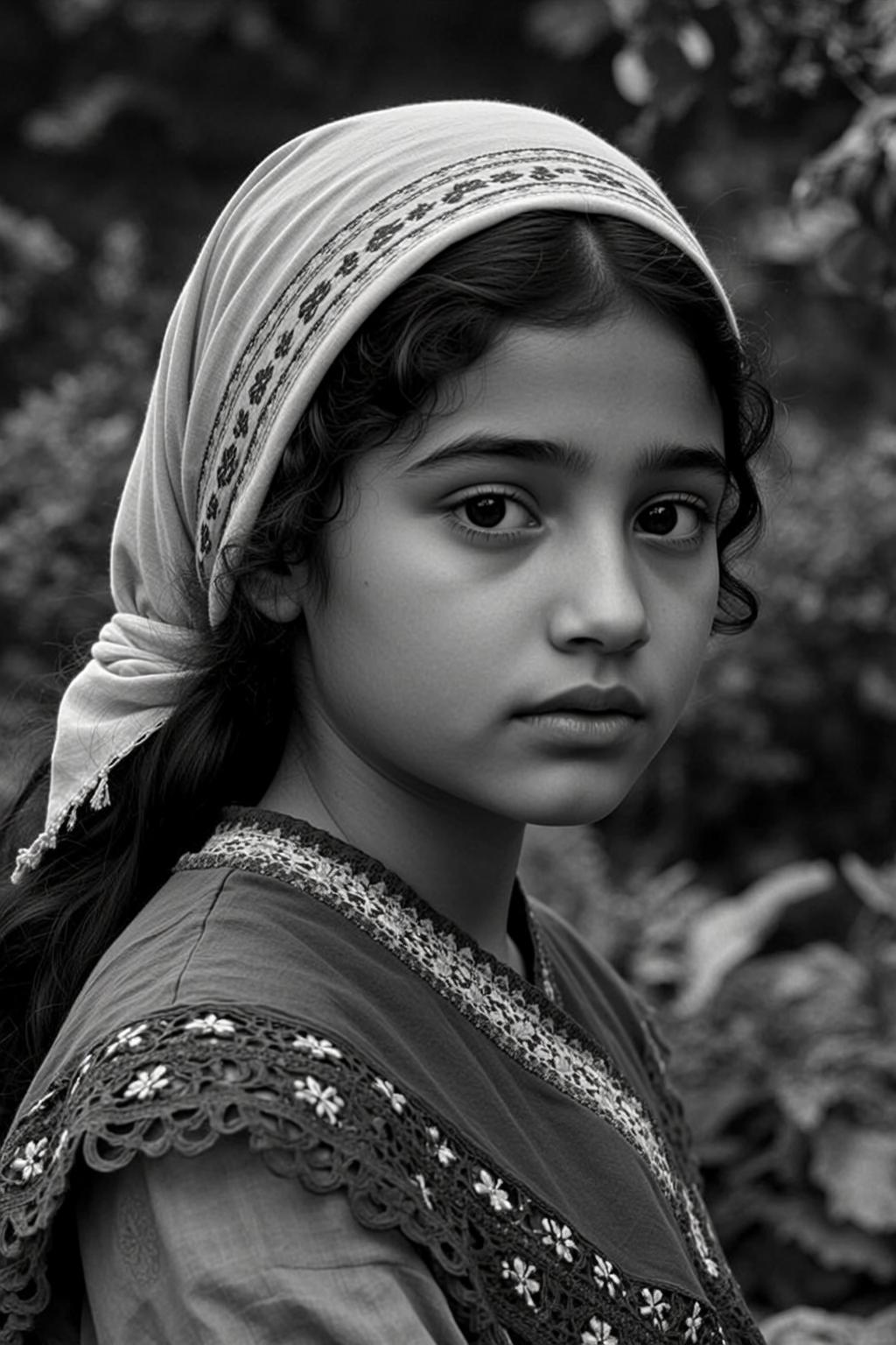 Black And White Medium Shot Portrait Young Girl With Dark