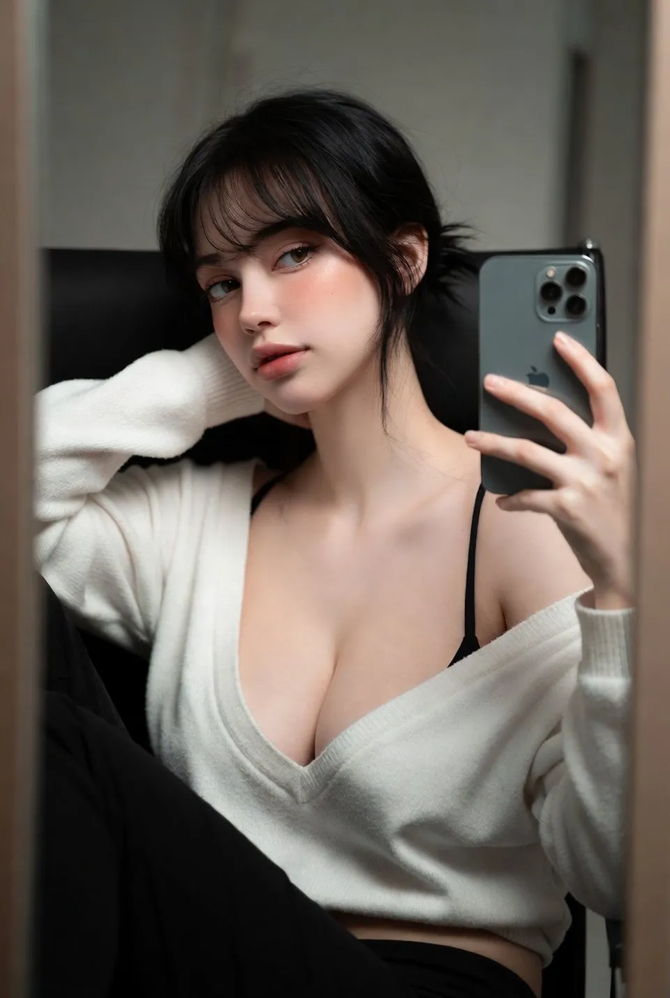 Realistic Woman Mirror Selfie Dark Hair