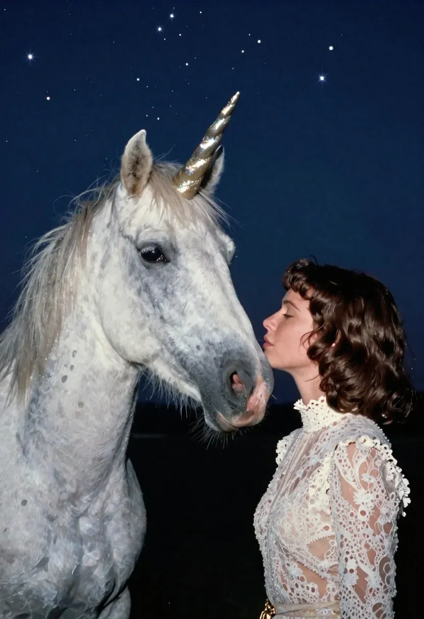 Medium Grainy Film Photograph Intimate Close-up Between Woman And Unicorn