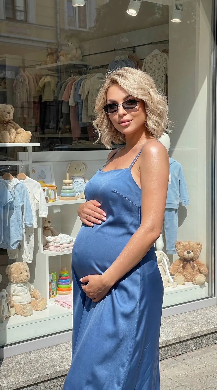 Glasses And Makeup In Blue Satin Dress