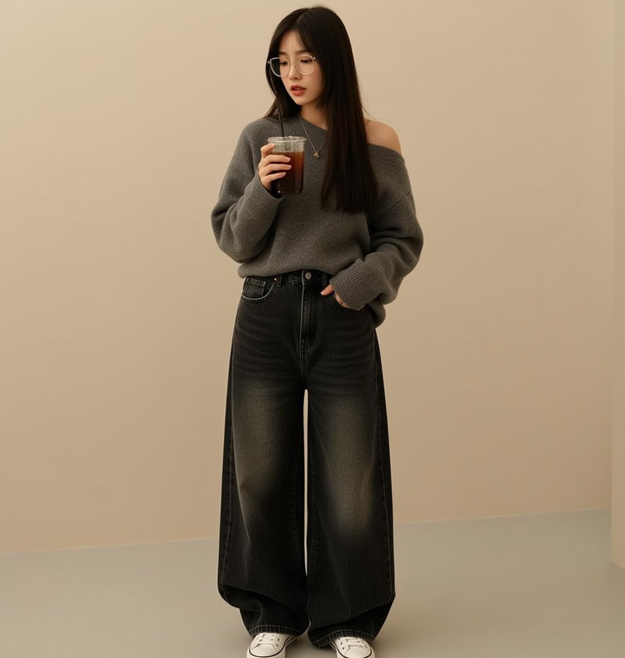 Grey Sweater Drink Thoughtful Pose