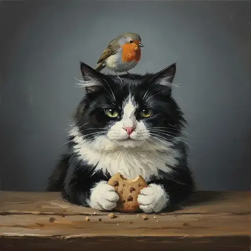 Oil Painting Black And White Cat Eating Cookie With Bird