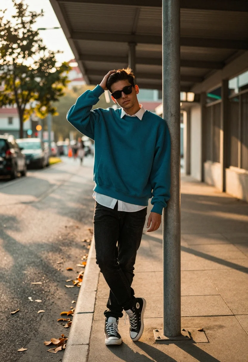 Young Man Stands Leaning Against Vertical Metal Pole Outdoor Urban