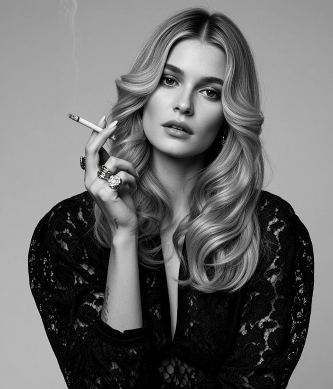 Medium Shot Black And White Photorealistic Portrait Young Woman With