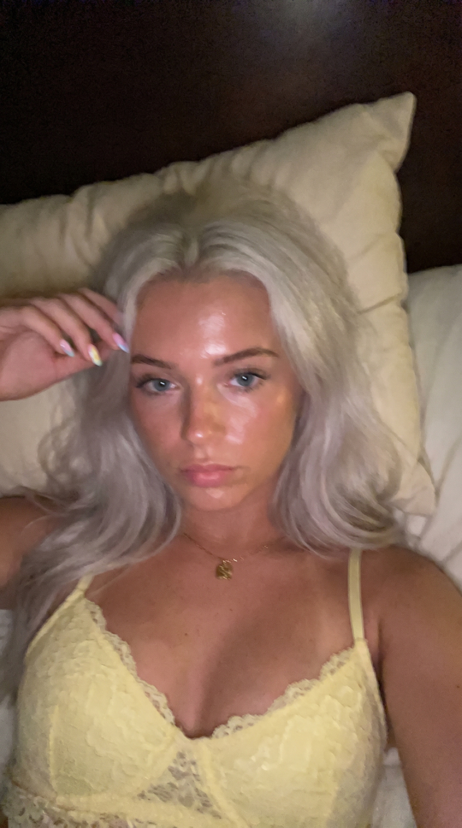Platinum Hair Pale Yellow Lace Bralette Bed Scene