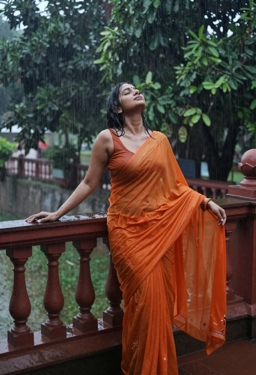 Woman Stands Wet Stone Balcony During Heavy Rainstorm Her Head reference photo