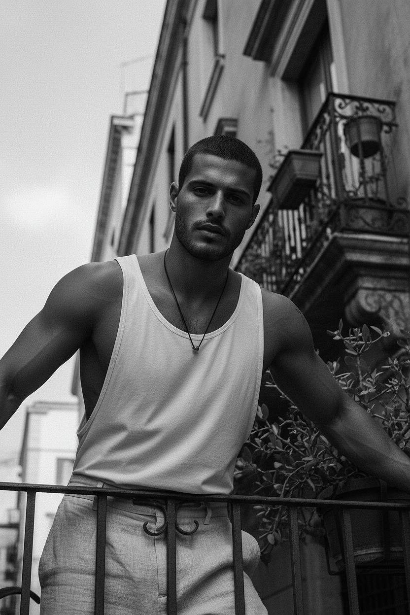 A person leaning over the edge of a second-story balcony, dressed in an open-back tank top and relaxed trousers, shot from below.