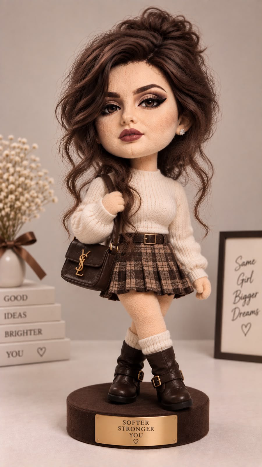 A soft plush toy collectible doll with stubby limbs, dressed in a stylish outfit, captured in soft studio lighting.