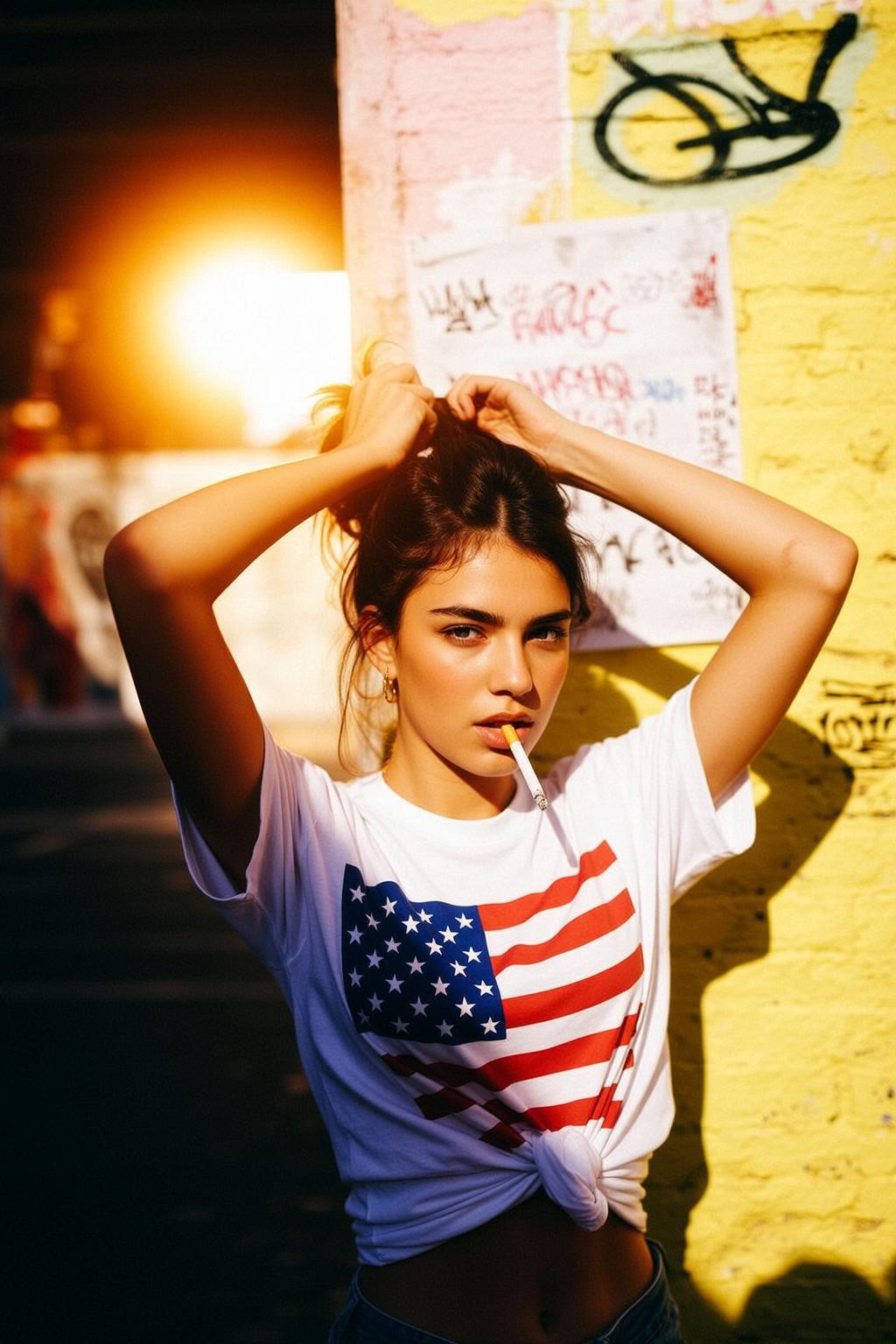 Woman Messy Bun Lit Cigarette Flag Shirt