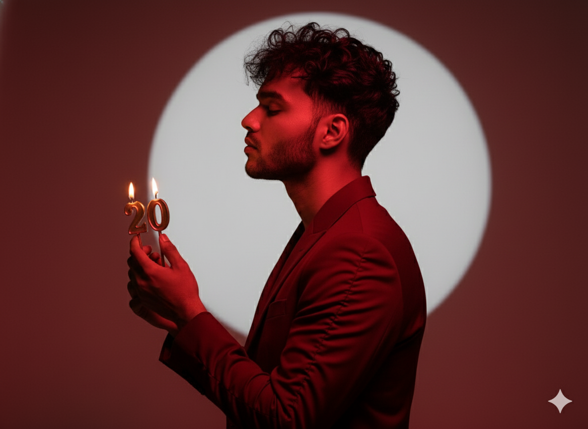 Cinematic portrait of a young man in red suit holding candles, eyes closed, serene expression, dramatic lighting