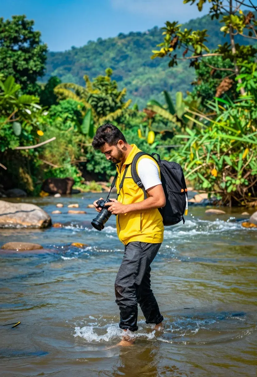 Man Walks Through Shallow River Lush Green Landscape While Holding